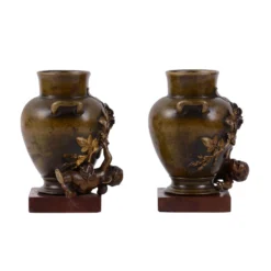 1860's Cherub Bronze Vases On Rouge Marble Bases - A Pair -chairish shop 1860s cherub bronze vases on rouge marble bases a pair 9674