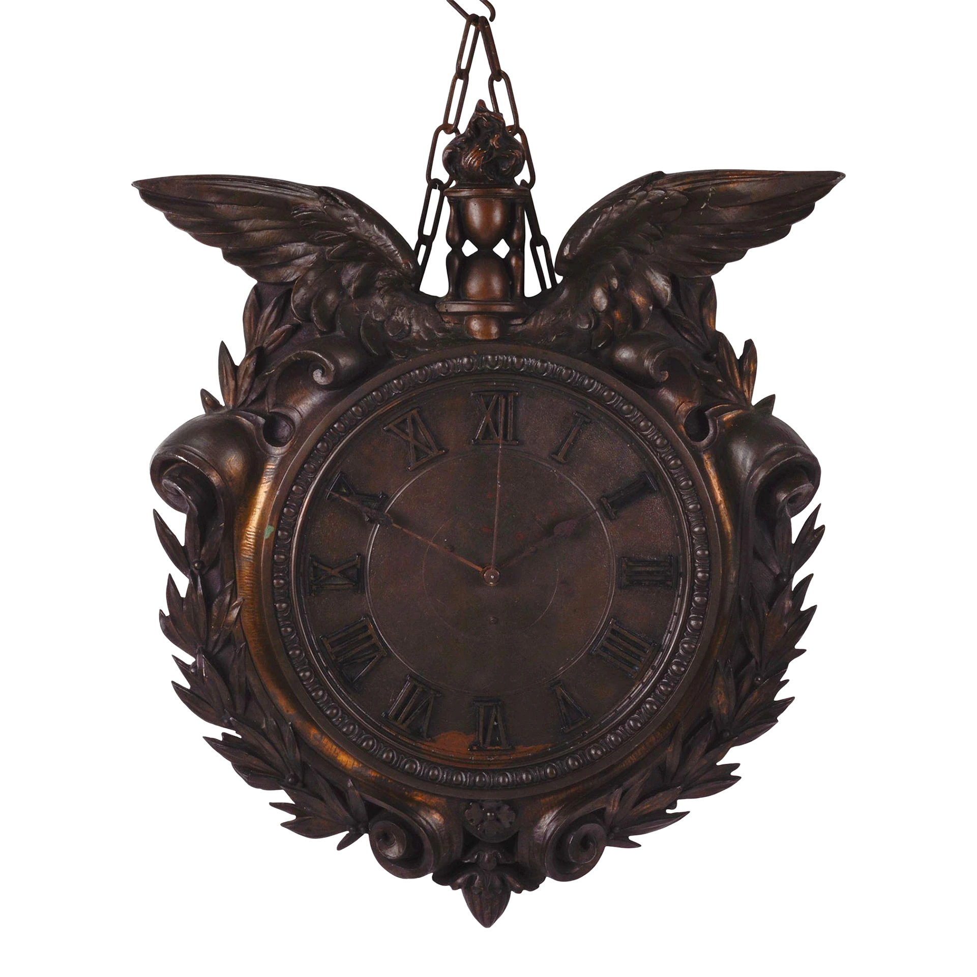 1890's Large Bronze Wall Clock With Wings Time Flies 1 1890's Large Bronze Wall Clock With Wings Time Flies