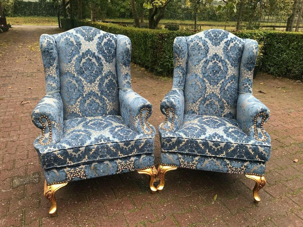 1900's French Louis Xvi Bergere Chairs In Gild Beech And Blue Damask- A Pair 10 1900's French Louis Xvi Bergere Chairs In Gild Beech And Blue Damask- A Pair - Image 10