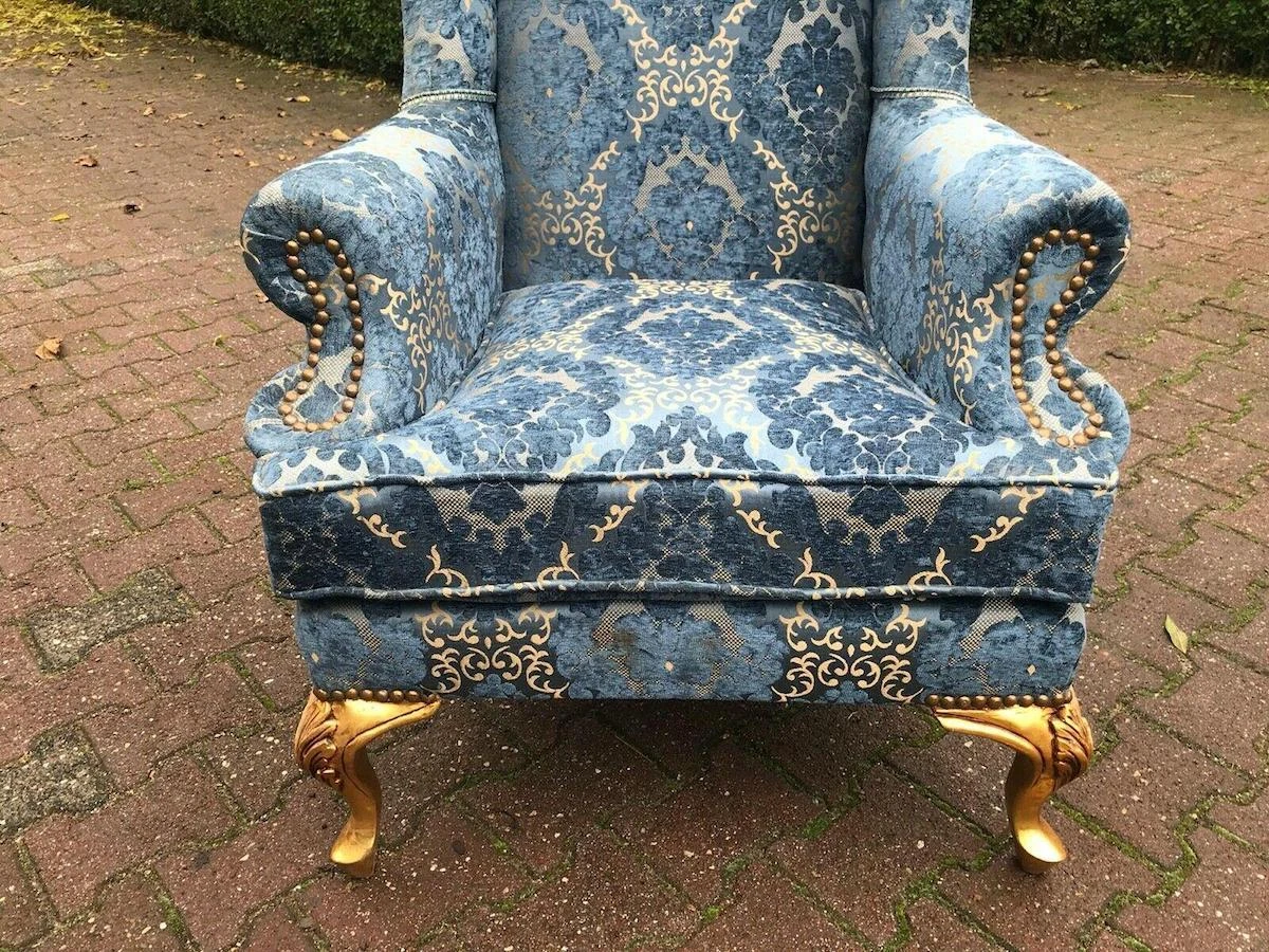 1900's French Louis Xvi Bergere Chairs In Gild Beech And Blue Damask- A Pair 2 1900's French Louis Xvi Bergere Chairs In Gild Beech And Blue Damask- A Pair - Image 2