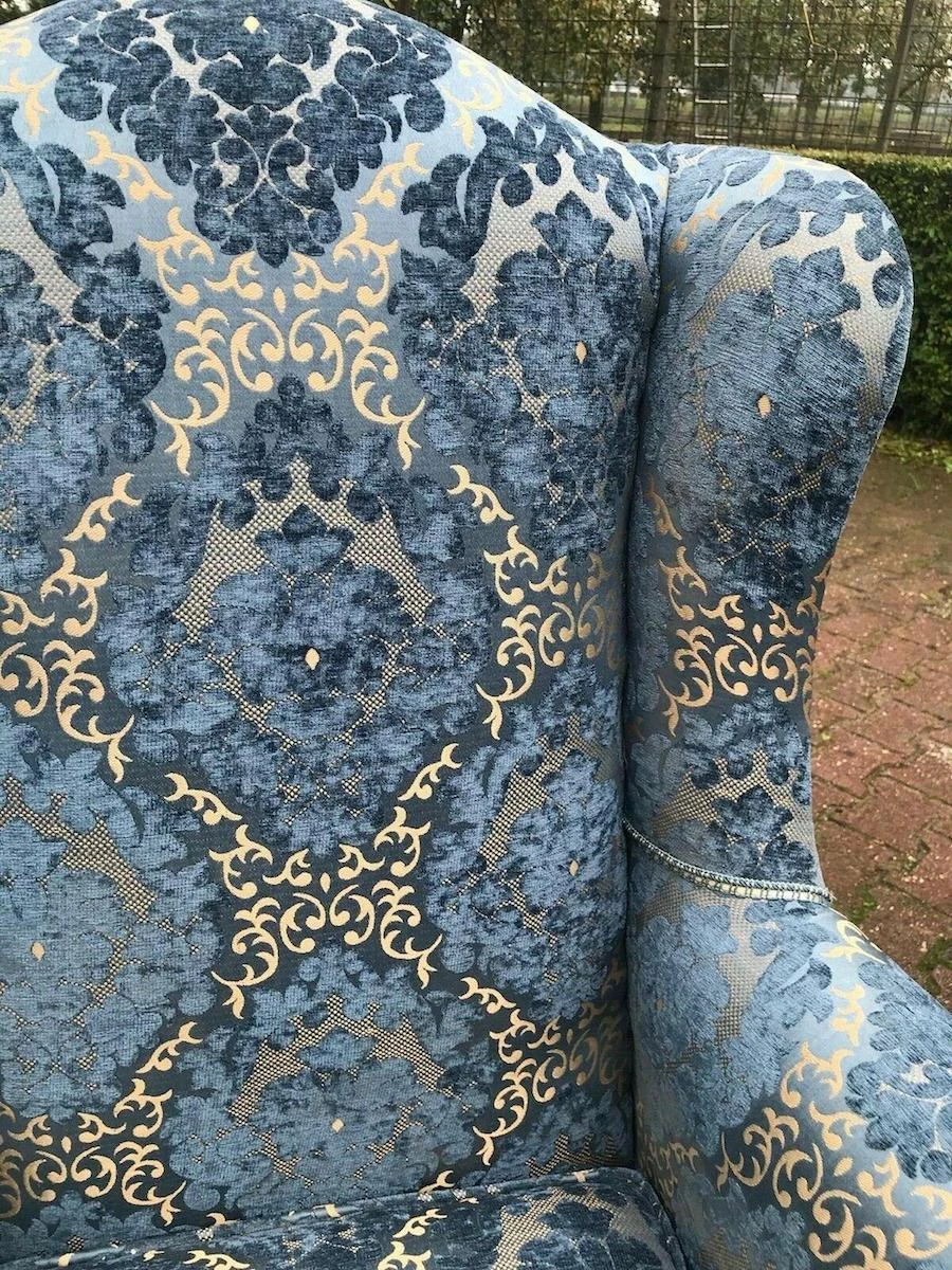1900's French Louis Xvi Bergere Chairs In Gild Beech And Blue Damask- A Pair 3 1900's French Louis Xvi Bergere Chairs In Gild Beech And Blue Damask- A Pair - Image 3