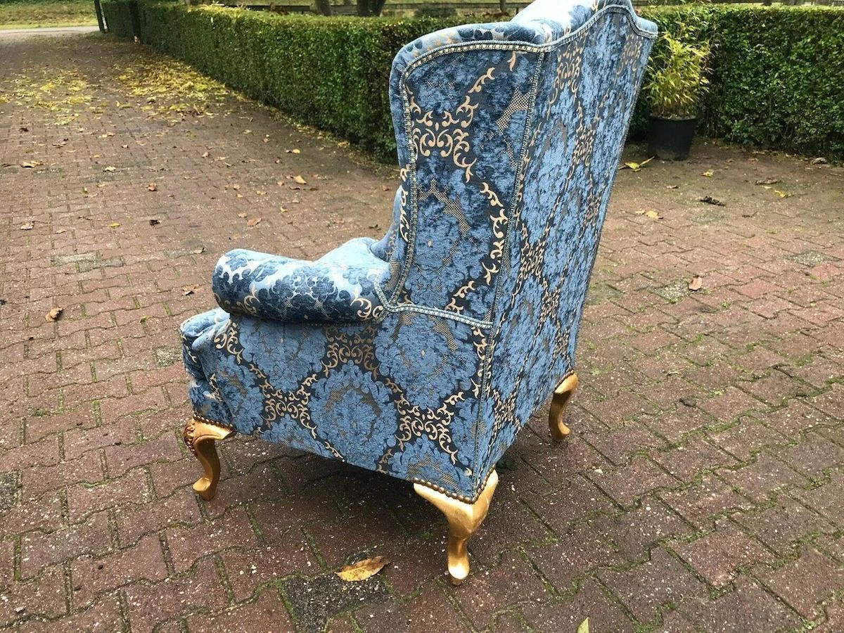 1900's French Louis Xvi Bergere Chairs In Gild Beech And Blue Damask- A Pair 6 1900's French Louis Xvi Bergere Chairs In Gild Beech And Blue Damask- A Pair - Image 6