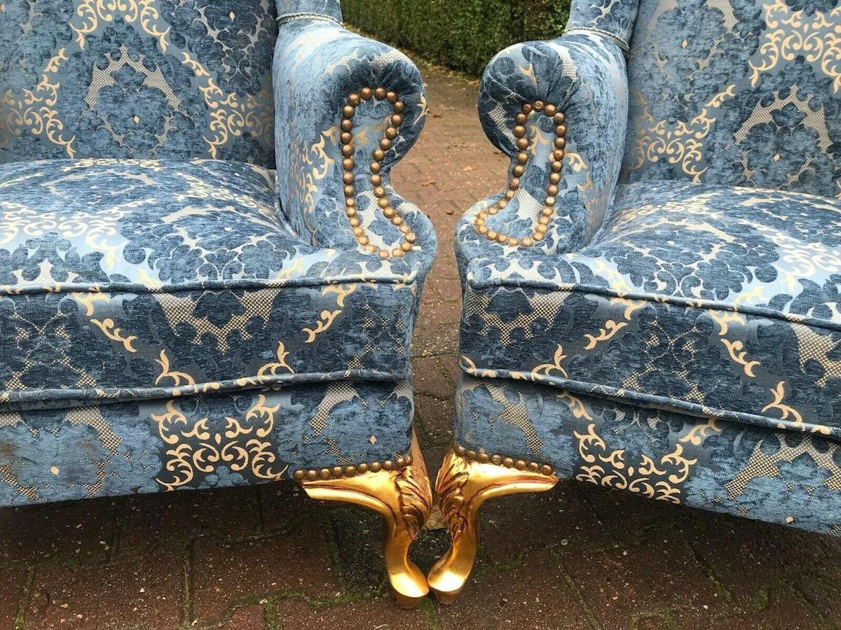 1900's French Louis Xvi Bergere Chairs In Gild Beech And Blue Damask- A Pair 8 1900's French Louis Xvi Bergere Chairs In Gild Beech And Blue Damask- A Pair - Image 8