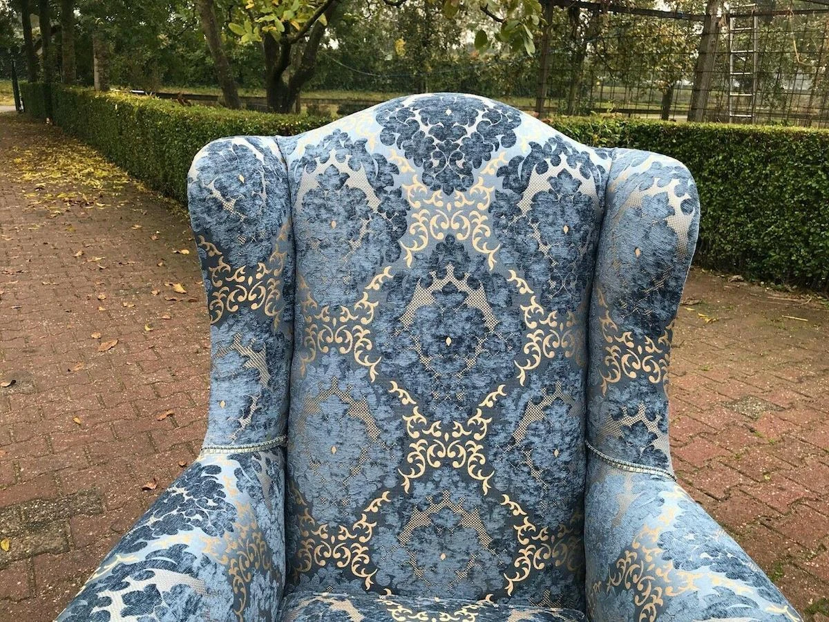 1900's French Louis Xvi Bergere Chairs In Gild Beech And Blue Damask- A Pair 4 1900's French Louis Xvi Bergere Chairs In Gild Beech And Blue Damask- A Pair - Image 4