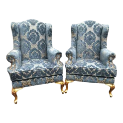1900's French Louis Xvi Bergere Chairs In Gild Beech And Blue Damask- A Pair