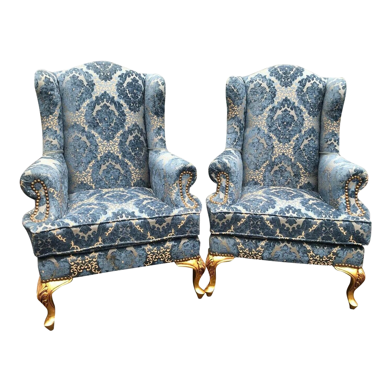 1900's French Louis Xvi Bergere Chairs In Gild Beech And Blue Damask- A Pair 1 1900's French Louis Xvi Bergere Chairs In Gild Beech And Blue Damask- A Pair