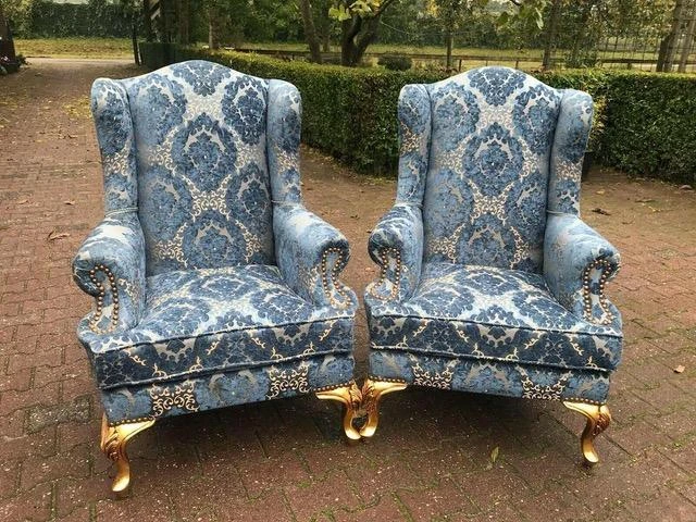 1900's French Louis Xvi Bergere Chairs In Gild Beech And Blue Damask- A Pair 5 1900's French Louis Xvi Bergere Chairs In Gild Beech And Blue Damask- A Pair - Image 5