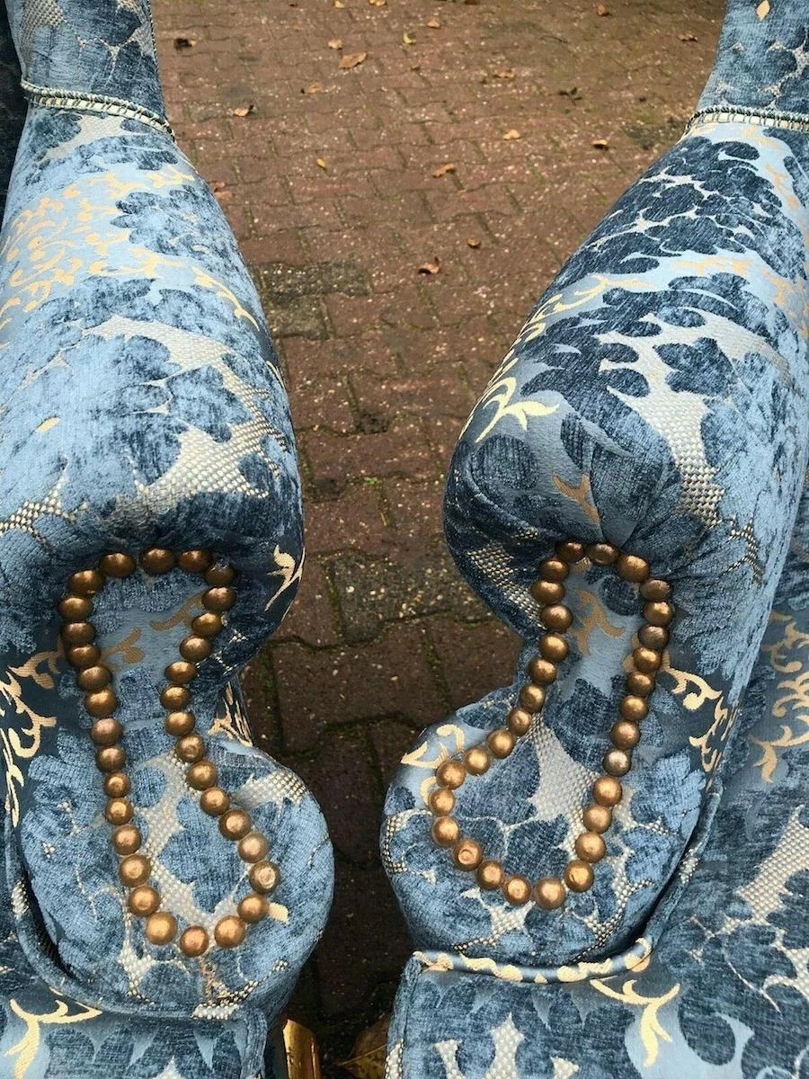 1900's French Louis Xvi Bergere Chairs In Gild Beech And Blue Damask- A Pair 9 1900's French Louis Xvi Bergere Chairs In Gild Beech And Blue Damask- A Pair - Image 9