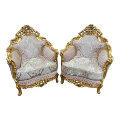1900's French Louis Xvi Bergere Chairs In Gold Leaf And Pink Pale Damask-A Pair
