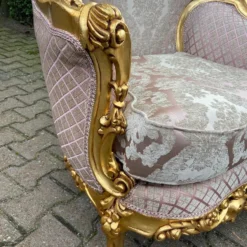 1900's French Louis Xvi Bergere Chairs In Gold Leaf And Pink Pale Damask-A Pair -chairish shop 1900s french louis xvi bergere chairs in gold leaf and pink pale damask a pair 7691