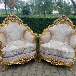 1900's French Louis Xvi Bergere Chairs In Gold Leaf And Pink Pale Damask-A Pair -chairish shop 1900s french louis xvi bergere chairs in gold leaf and pink pale damask a pair 8033
