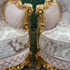 1900's French Louis Xvi Bergere Chairs In Gold Leaf And Pink Pale Damask-A Pair -chairish shop 1900s french louis xvi bergere chairs in gold leaf and pink pale damask a pair 8802