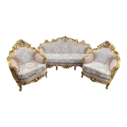 1900's French Louis Xvi Sofa Set In Gold Leaf Beech And Pale Pink Damask - 3 Pcs