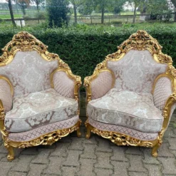 1900's French Louis Xvi Sofa Set In Gold Leaf Beech And Pale Pink Damask - 3 Pcs -chairish shop 1900s french louis xvi sofa set in gold leaf beech and pale pink damask 3 pcs 9859