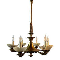 1920's Art Deco Alabaster And Bronze 6 Arm Chandelier