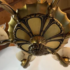 1920's Art Deco Alabaster And Bronze 6 Arm Chandelier -chairish shop 1920s art deco alabaster and bronze 6 arm chandelier 5822