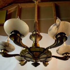 1920's Art Deco Alabaster And Bronze 6 Arm Chandelier -chairish shop 1920s art deco alabaster and bronze 6 arm chandelier 8997