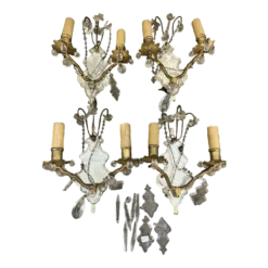 1920's French Art Deco Beveled Mirror Cut Crystal Back Bronze Wall Sconces Set Of 3