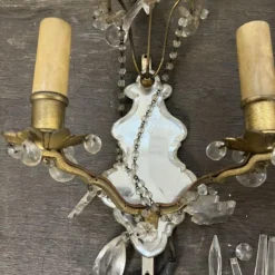 1920's French Art Deco Beveled Mirror Cut Crystal Back Bronze Wall Sconces Set Of 3 -chairish shop 1920s french art deco beveled mirror cut crystal back bronze wall sconces set of 3 9870