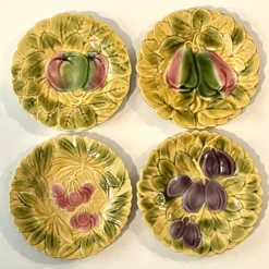 1920’s French Majolica Embossed Fruit Plates By Sarreguemines France - Set Of 4 -chairish shop 1920s french majolica embossed fruit plates by sarreguemines france set of 4 2781 scaled