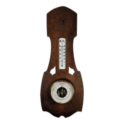 1930’s Art Deco Antique Weather Station Barometer Thermometer In Carved Wood And Beveled Glass