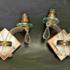 1930's French Art Deco Blown Crystal Mirrored Back Wall Sconces Style Jules Leleu -chairish shop 1930s french art deco blown crystal mirrored back wall sconces style jules leleu 0777