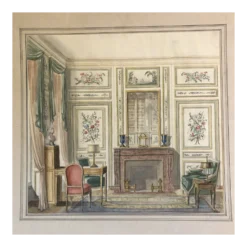 1930’s Original French Interior Architectural Watercolor Painting Signed Derry