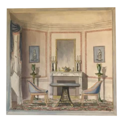 1930’s Regency Style Original Architectural Watercolor Painting Interior Signed Derry