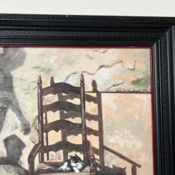 1930's Slavinsky Still Life French Ladder Back Chair With Cat Oil Painting -chairish shop 1930s slavinsky still life french ladder back chair with cat oil painting 2444 scaled