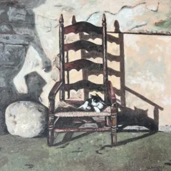 1930's Slavinsky Still Life French Ladder Back Chair With Cat Oil Painting -chairish shop 1930s slavinsky still life french ladder back chair with cat oil painting 4972 scaled