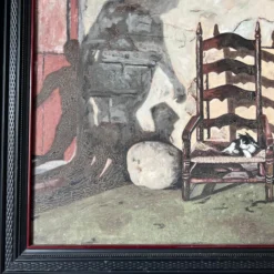 1930's Slavinsky Still Life French Ladder Back Chair With Cat Oil Painting -chairish shop 1930s slavinsky still life french ladder back chair with cat oil painting 5344 scaled