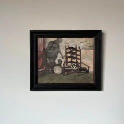 1930's Slavinsky Still Life French Ladder Back Chair With Cat Oil Painting -chairish shop 1930s slavinsky still life french ladder back chair with cat oil painting 6630 scaled