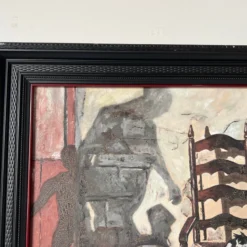 1930's Slavinsky Still Life French Ladder Back Chair With Cat Oil Painting -chairish shop 1930s slavinsky still life french ladder back chair with cat oil painting 6899 scaled