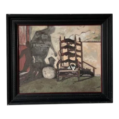 1930's Slavinsky Still Life French Ladder Back Chair With Cat Oil Painting