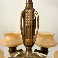 1940's Art Deco 5 Light Copper Peach Glass Chandelier -chairish shop 1940s art deco 5 light copper peach glass chandelier 2304 scaled