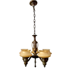 1940's Art Deco 5 Light Copper Peach Glass Chandelier