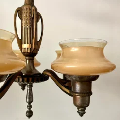 1940's Art Deco 5 Light Copper Peach Glass Chandelier -chairish shop 1940s art deco 5 light copper peach glass chandelier 7525 scaled