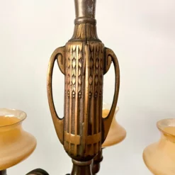 1940's Art Deco 5 Light Copper Peach Glass Chandelier -chairish shop 1940s art deco 5 light copper peach glass chandelier 7661 scaled