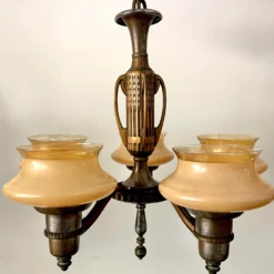 1940's Art Deco 5 Light Copper Peach Glass Chandelier -chairish shop 1940s art deco 5 light copper peach glass chandelier 8414 scaled