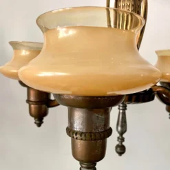 1940's Art Deco 5 Light Copper Peach Glass Chandelier -chairish shop 1940s art deco 5 light copper peach glass chandelier 9942 scaled