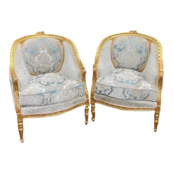 1940's French Louis Xvi Bergere Chairs In Gold Beech And Damask- A Pair