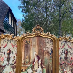 1940's French Louis Xvi Screen / Room Divider With Scenery On Silk With Cotton Fabric -chairish shop 1940s french louis xvi screen room divider with scenery on silk with cotton fabric 3686
