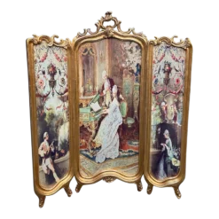 1940's French Louis Xvi Screen / Room Divider With Scenery On Silk With Cotton Fabric