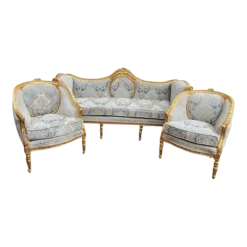 1940's French Louis Xvi Sofa Set In Gold Beech And Damask-3 Pieces