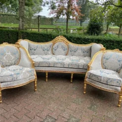 1940's French Louis Xvi Sofa Set In Gold Beech And Damask-5 Pieces -chairish shop 1940s french louis xvi sofa set in gold beech and damask 5 pieces 6615