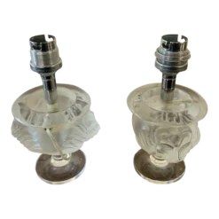 1940's French Regency Signed Lalique Frosted Art Glass "Lions Mask" Table Lamps A - Pair