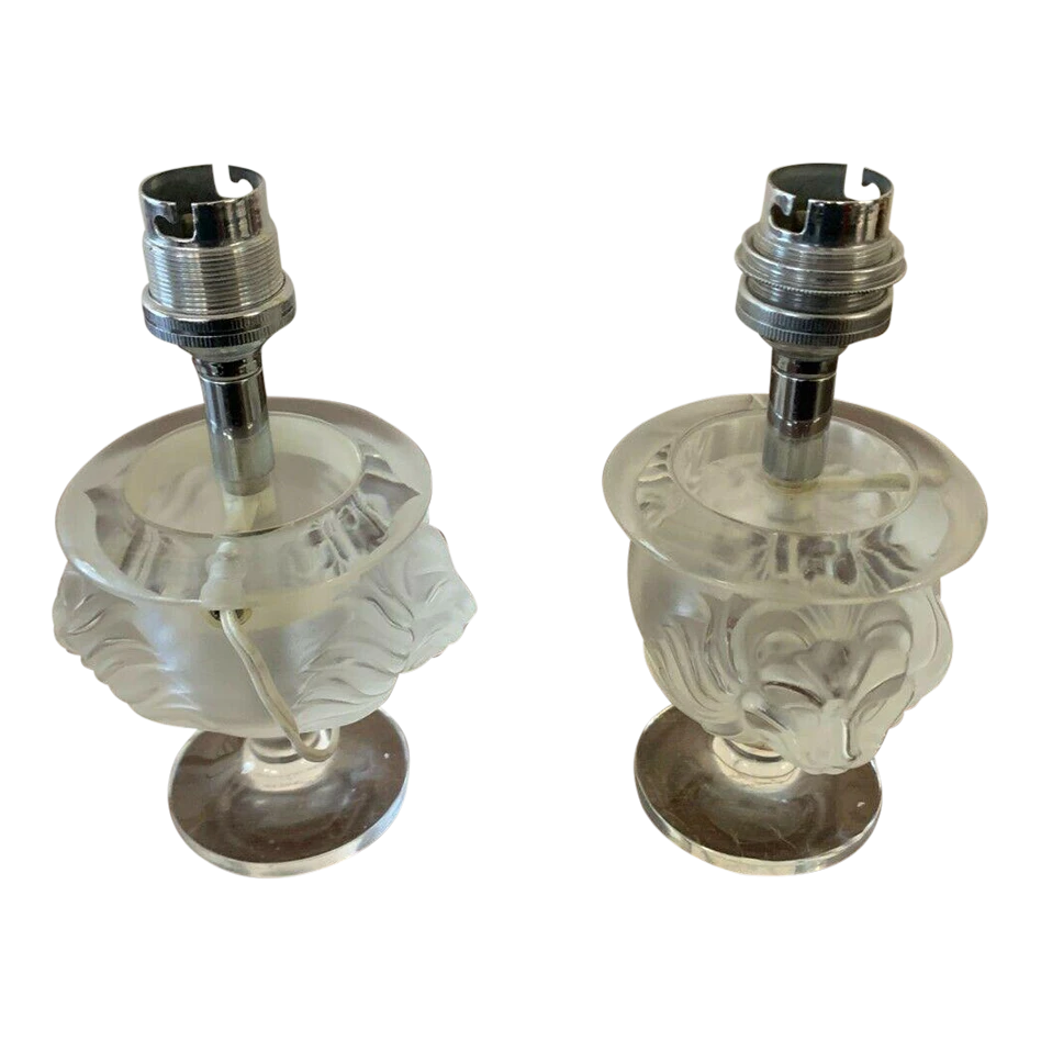 1940's French Regency Signed Lalique Frosted Art Glass "Lions Mask" Table Lamps A - Pair 1 1940's French Regency Signed Lalique Frosted Art Glass "Lions Mask" Table Lamps A - Pair