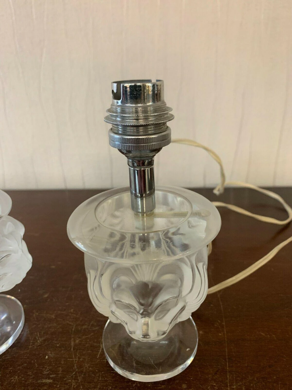 1940's French Regency Signed Lalique Frosted Art Glass "Lions Mask" Table Lamps A - Pair 2 1940's French Regency Signed Lalique Frosted Art Glass "Lions Mask" Table Lamps A - Pair - Image 2