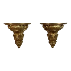 1940’s Italian Hand Carved Giltwood Wall Shelf Brackets - A Pair