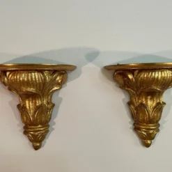 1940’s Italian Hand Carved Giltwood Wall Shelf Brackets - A Pair -chairish shop 1940s italian hand carved giltwood wall shelf brackets a pair 1467 scaled